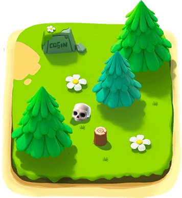 A grassy floating chapter island with pine trees